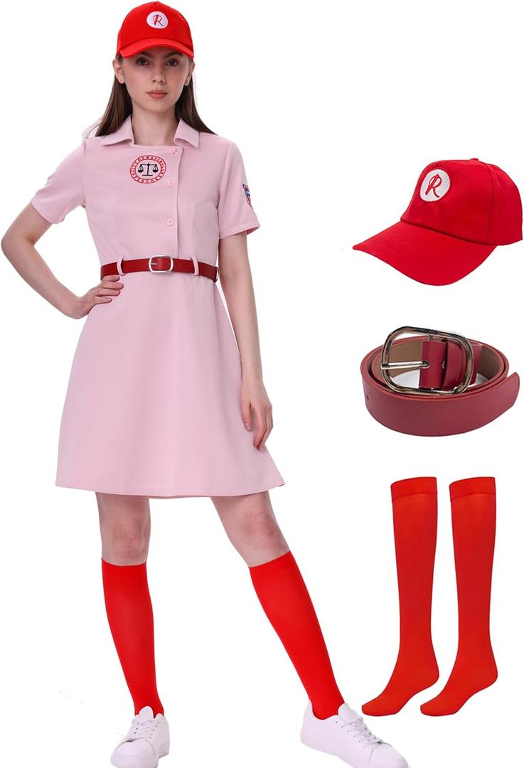 Women's Baseball League Costume Dottie Costume Pink Dress Halloween Cosplay Uniform Set (Small)