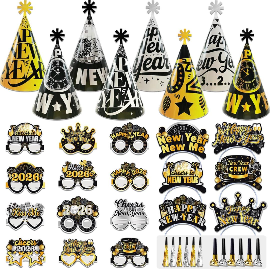 New Years Eve Party Supplies 2026, 42pcs Happy New Year Party Favors Set- New Years Paper Hats, 2026 New Year Headband, Eyeglasses, Blowouts for New Year's Eve Party