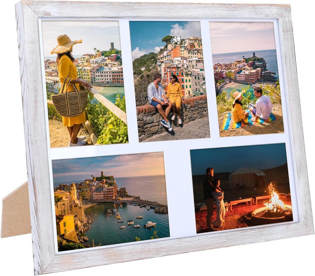 Fikomash Collage Picture Frames Wall Decor with 5 Openings 5x7 Rustic Photo Collage Frame Farmhouse Wood Grain Multi Picture Frame for Wall Mounting Tabletop Display White
