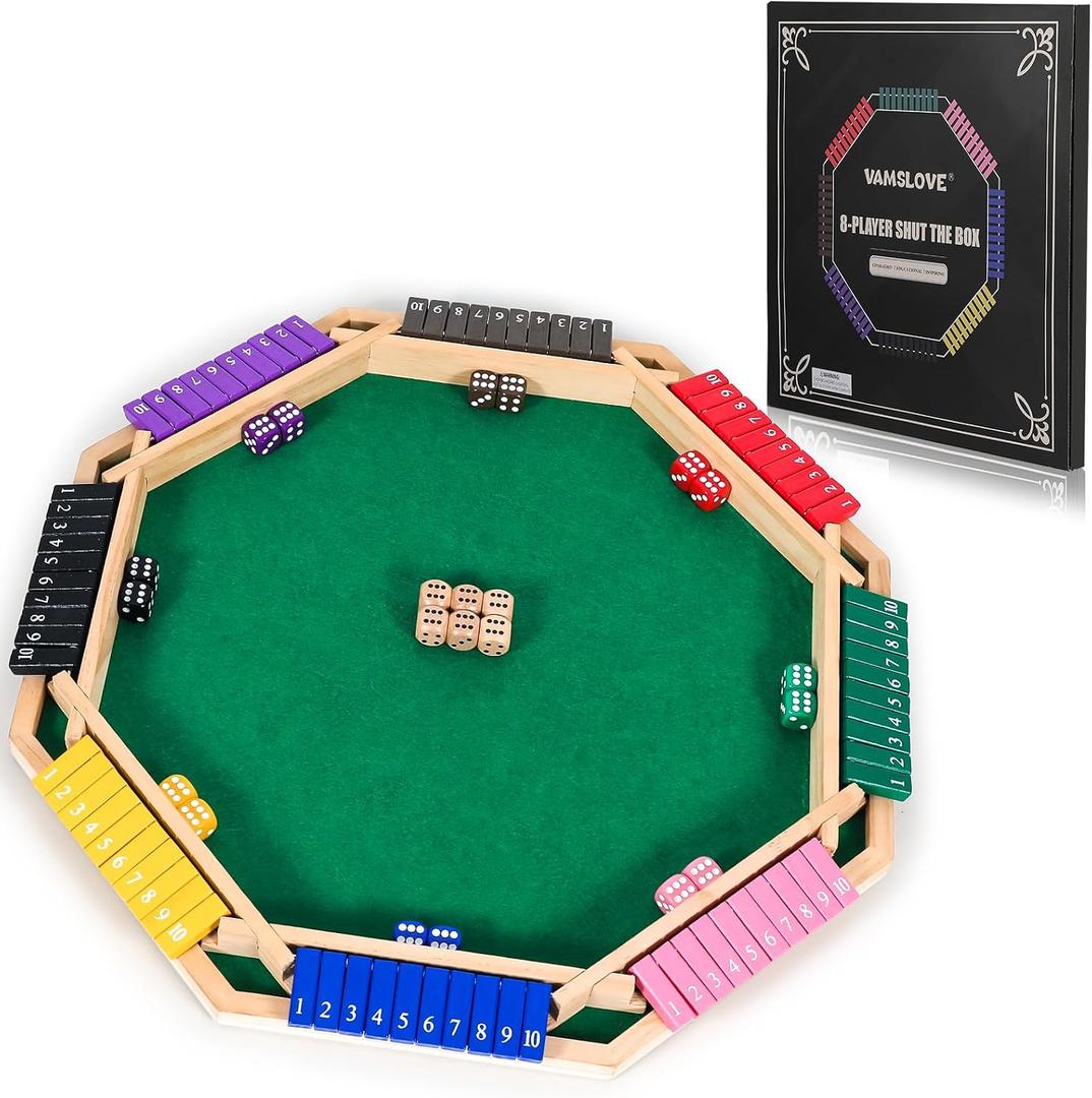 Vamslove Upgraded 2-8 Players Shut The Box Dice Game-Colorful 8-Way Wooden Board Table Math Game with 16 +6 Dices - Close The Box for Kids, Adults Families Party Club (Instruction Included), Large