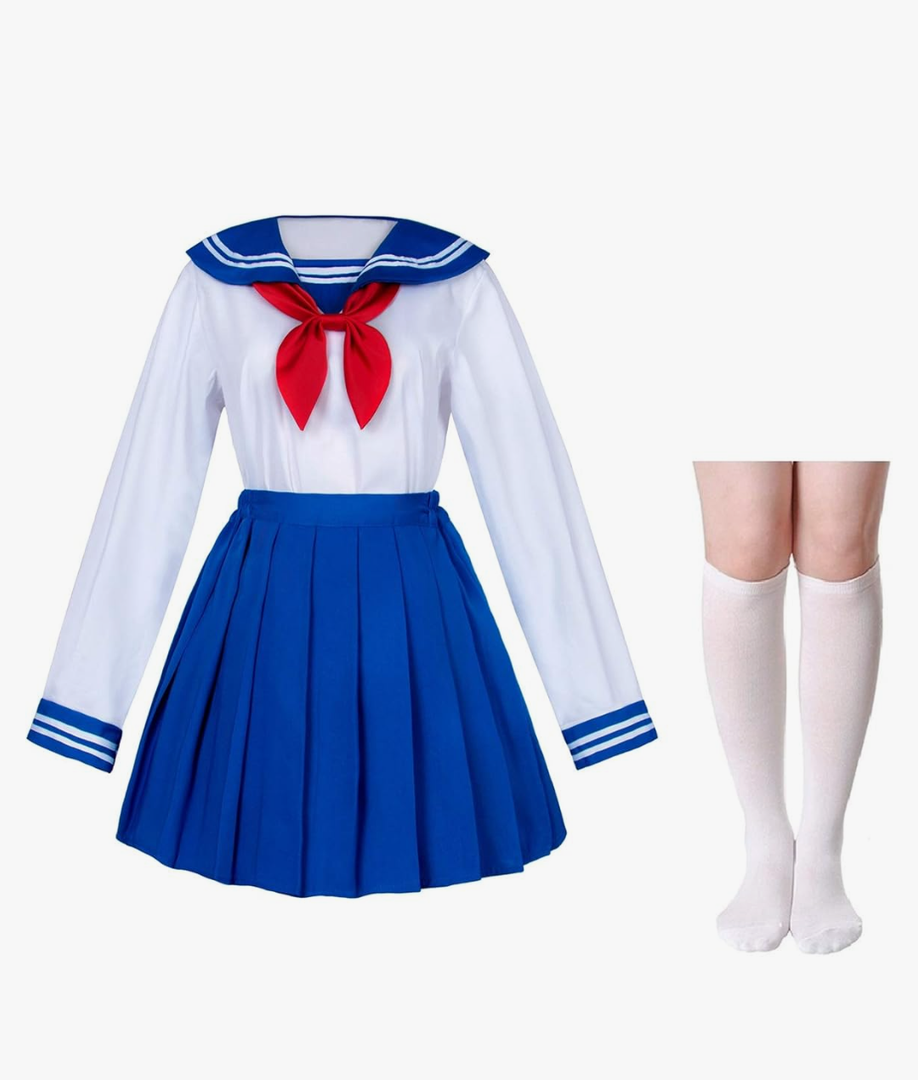 Japanese School Girls Uniform Sailor Navy Blue Pleated Skirt Anime Cosplay Costumes Size L