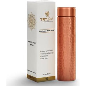 Copper Water Bottle - 37.2 OZ/1.1 L Large Handmade Hammered Pure Copper Vessel for Drinking Leak Proof Durable Easy to Carry Ideal for Home Travel Office Use