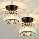 2 Pack Small Crystal Semi Flush Mount Ceiling Light Fixture Modern Black Mini Round Chandelier Metal E26 Ceiling Lamp for Hallway Bathroom Entryway Kitchen Closet