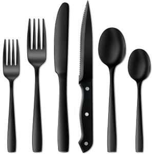 NETANY 17 Pieces Black Silverware Set, Black Flatware Set, Food-Grade Stainless Steel Cutlery Tableware Eating Utensils, Mirror Finished, Dishwasher Safe
