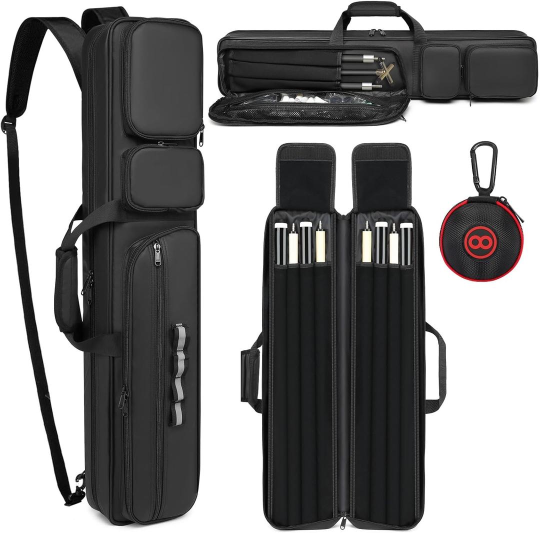 Pool Cue Case - 4x4 Padded Pool Cue Bag - Holds 4 Butts and 4 Shafts, Multiple Accessory Pockets (black-1)