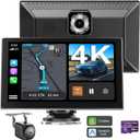 Portable CarPlay Screen for Car, 9'' Wireless Apple CarPlay & Android Auto Screen for Car, 4K Dash Cam, 1080P Backup Camera, GPS Navigation/Bluetooth/FM/Siri Voice Control for All Vehicles