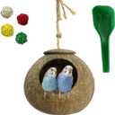 kathson Natural Coconut Shell Bird Nest,Hanging Coco Birds House,Parrots Hide Hut Habitats Decor,Parrot Cage Accessories for Lovebirds Cockatiel Canary Budgies,Feeder Spoon,4 Toy Balls(6 Pcs) ([M:9.8 x 5.1 x 5.1 lnches])
