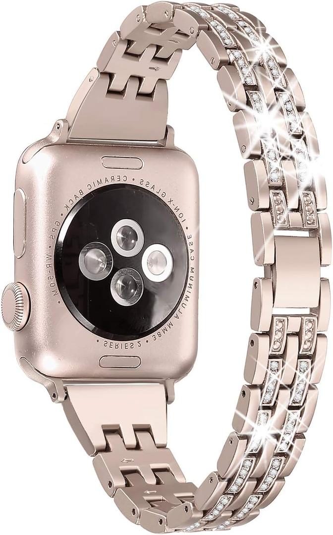 Secbolt Bling Bands Compatible with Apple Watch Band 42mm(Series 3) 44mm 45mm 46mm 49mm Women iWatch SE Series 11 10 9 8 7 6 5 4 3 2 1, Dressy Jewelry Metal Wristband Strap Diamond Rhinestone, Color Match Series 1&2 Gold Watch