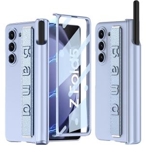 DEMCERT for Samsung Galaxy Z Fold 5 Case with [Fold5 Edition S-Pen Holder] [Wrist Band], Luxury PC Magnetic Shockproof Cover with Screen Protector for Galaxy Z Fold 5 5G (Light Blue)
