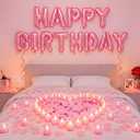 Pink Happy Birthday Balloons Decorations Happy Birthday Letter Balloons Banner Set with 24pcs Round Flameless LED Candles and 2000pcs Artificial Rose Petals for Women Men Room Party Decor