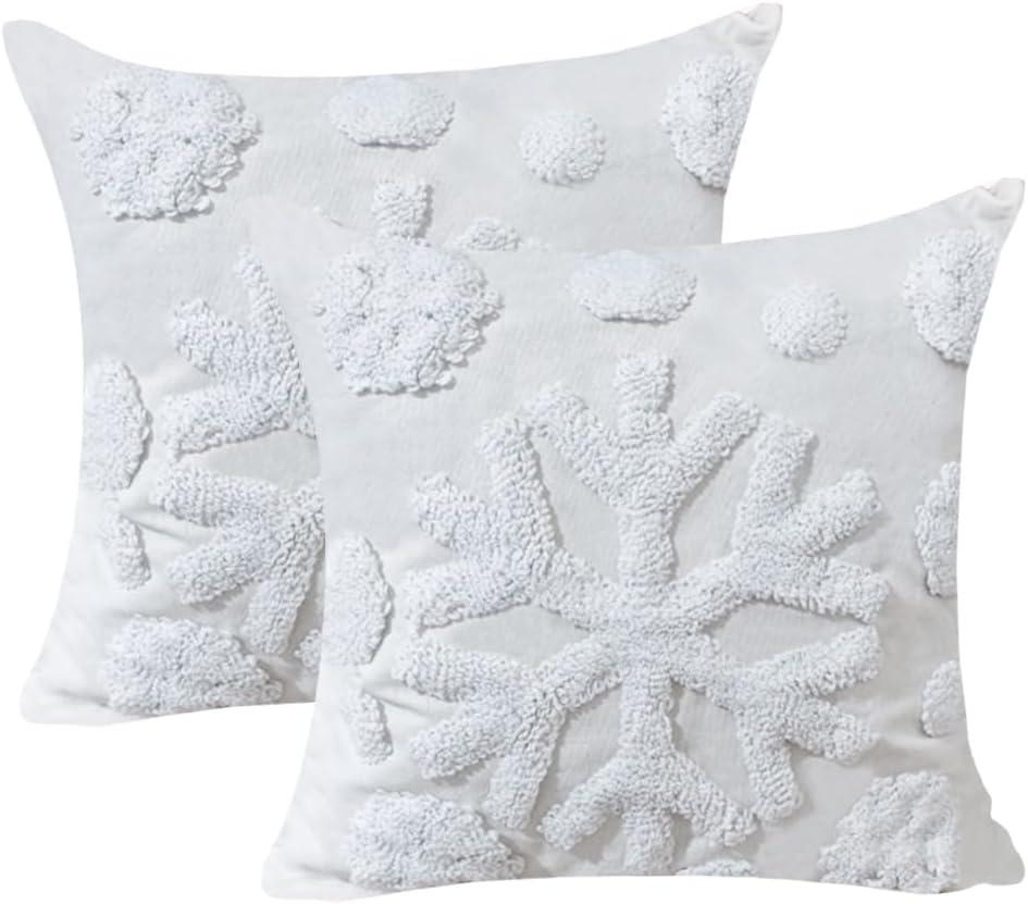 NIDITW Set of 2 Christmas Snowflake Decorative Tufting Throw Pillow Cover 18x18 Inches Embroidered Square Cushion Case Cotton Linen Jacquard Fluffy Farmhouse Home Decor for Couch Sofa Bed (Snowflake)