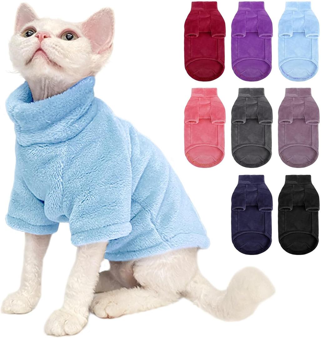 SUNFURA Turtleneck Sweater Coat for Cats, Sphynx Cat Clothes Pajamas for Cats Only, Kitten Fleece Pullover Sweaters with Sleeves, Pet Warm Jumpsuit Cat Sweatshirt for Cold Weather, Blue M