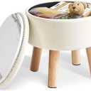 IBUYKE 13 Inch Foot Stool Ottoman with Storage, Round Small Foot Rest with Padded Seat and Wood Legs, PU Faux Leather Mini Footstool for Living Room Couch Bedroom Entryway, Beige WBD023W