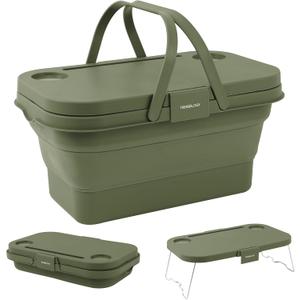 TREKOLOGY 16L Collapsible Picnic Basket with Handles & Lid as Stand Up Table - Foldable, Lightweight, Water-Proof & Leak-Proof - 3-in-1 Rectangle Bucket for Picnics, Camping, Travelling and Road Trips