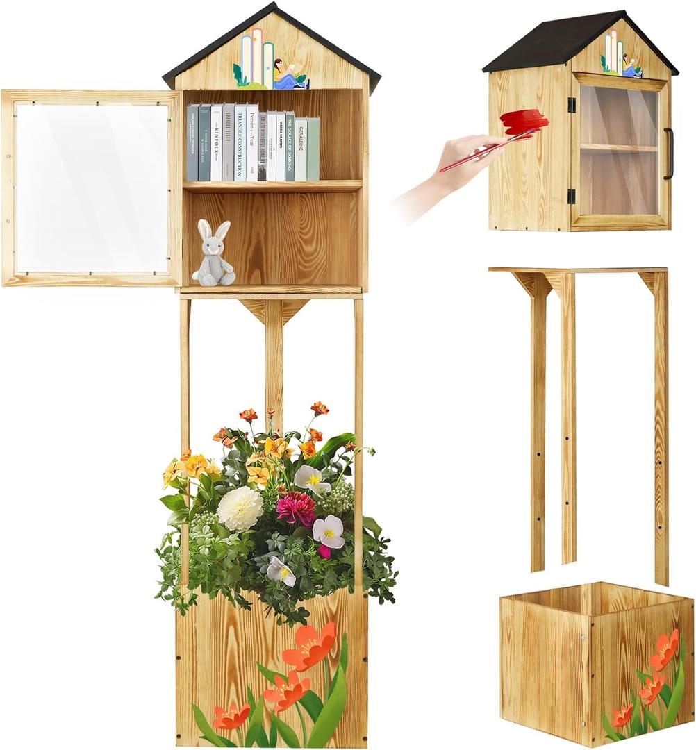 Little Library Box Outdoor,Small Wooden Library Box for Sharing Books,Newspapers,Flyers,2-Tier Little Book Cabinet for Community School (16"L x 13"W x 26"H)