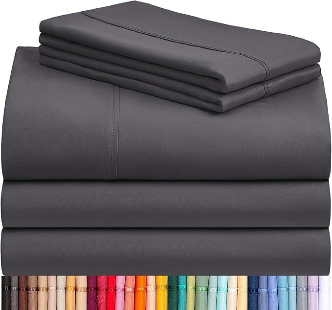 LuxClub 7 PC Split King Sheet Set Sheets Deep Pockets 18" Eco Friendly Wrinkle Free Cooling Sheets Machine Washable Hotel Bedding Silky Soft - Dark Grey Split King