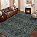 Woaboy Washable 8x10 Area Rug for Living Room Bedroom Dining Room Under Kitchen Table,Non-Slip Low Pile Stain Resistant Soft Large Carpet for Vintage Floral Oriental Home Decor Dark Green/Navy/Black