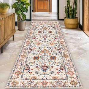 Washable 2x8 Hallway Runner Rug, Non-Slip Low Pile Cozy Kitchen Runner Rug, Cream White Boho Vintage Floral, Ultra Soft, Stain Resistant, Pet & Kid Friendly Rugs for Bedroom Bathroom Laundry Room