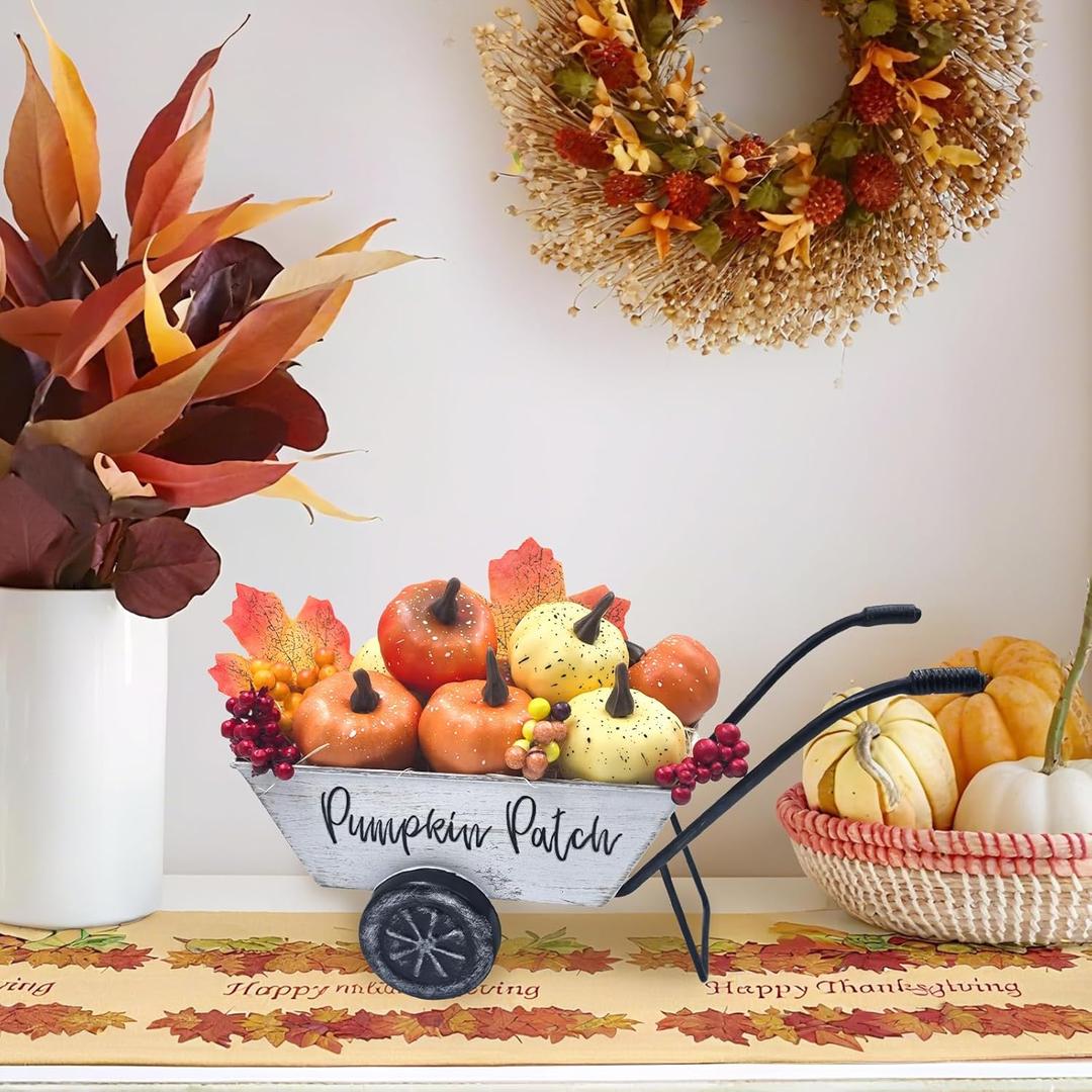 Fall Thanksgiving Centerpieces for Tables Farmhouse Metal Wheelbarrow with Pumpkins Berries Fall Leaves Thanksgiving Tiered Tray Decor Autumn Harvest Decor Indoor Pumpkin Wagon Cart, White