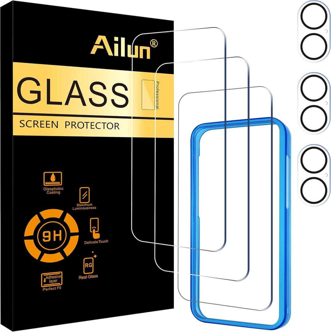Ailun 3 Pack Screen Protector for iPhone 16 Plus [6.7 inch] + 3 Pack Camera Lens Protector with Installation Frame,Case Friendly Tempered Glass Film,[9H Hardness][Not for iPhone 16e/16/16 Pro/Pro Max]