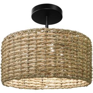 Boho Light Fixtures Ceiling Mount, 12.6" Rattan Ceiling Lights, 3-Light Hand Woven Semi Flush Mount Ceiling Light Fixture, Farmhouse Wicker Ceiling Lights for Bedroom Hallway Entryway Kitchen