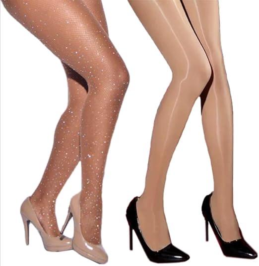 2 Double Sparkly Tights for Women Shimmer Tights Womens Fishnet Stockings Transparent Tights Sparkle Rhinestone Pantyhose, One Size