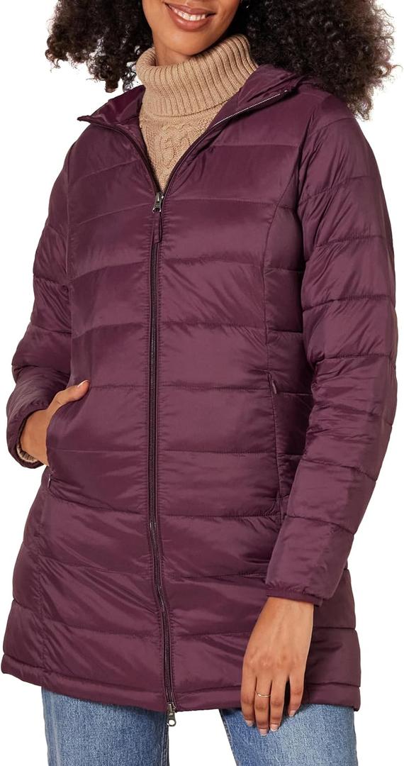 Amazon Essentials Women's Lightweight Water-Resistant Packable Hooded Puffer Coat, Burgundy, X-Large