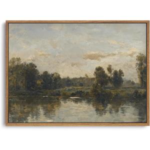 ZZLWBKGL Vintage Framed Wall Art Landscape Wall Decor Natural River Canvas Art Farmhouse River Pictures Rustic Paintings Country Artwork For Living Room Study Bedroom
