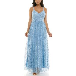 Women's Sleeveless Embellished V Neck Lace Back Tulle Gown (Blue), Size 9-10