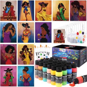 AmazingSpark 12 Set Paint and Sip Kit for Adults 8"x 10" Pre Drawn Canvas for Painting DlY Acrylic Paint Set with Brushes, 24 Colors(60ml, 2oz) for Date Night Party Supplies(Elegant Women)