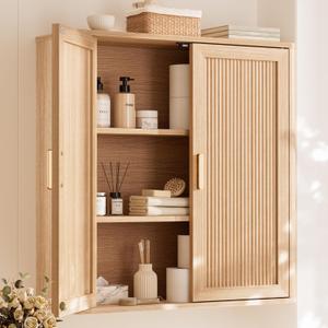 INNOD Bathroom Storage Cabinet, Over the Toilet Storage Cabinet, Medicine Cabinet with Adjustable Wood Shelf & Doors for Laundry Room & Kitchen & Living Room (Natural Oak), 23.5 x 24.5 x 8 inches