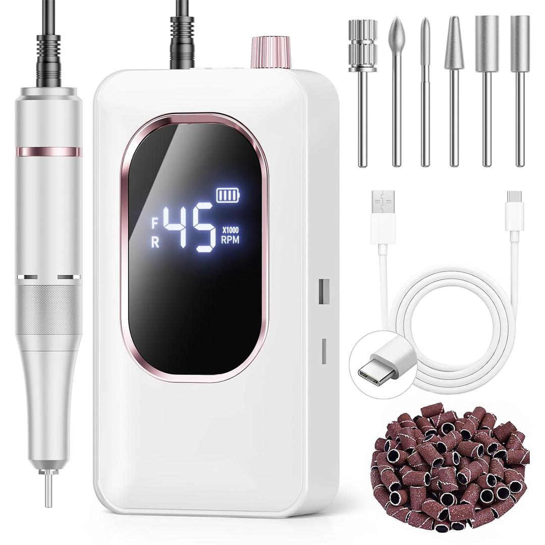 Professional Electric Nail Drill 45000RPM, Portable Nail File for Acrylic Gel Nails, Cordless Rechargeable Salon-Grade Ultra Power Nail Drill Kit for Shaping, Polishing & Removing Gel Nails (White)