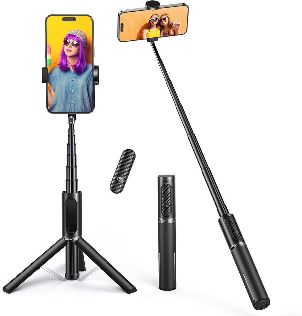 ATUMTEK Selfie Stick Tripod, 3in1 Extendable Aluminum Phone Tripod with Detachable Bluetooth Remote, Compatible with iPhone 17/16/15/14/13/12/11/11 Pro/XS Max/XR and Samsung Smartphones, Black