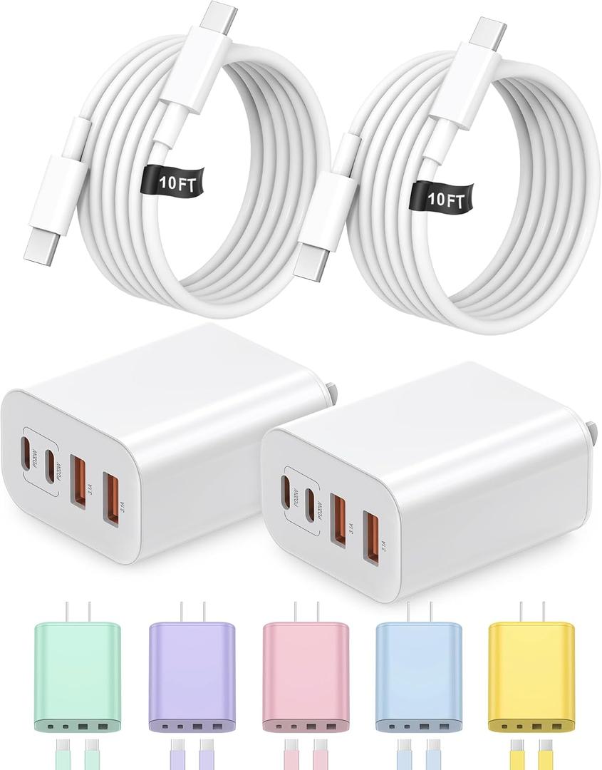 40W USB C Charger Block, iPhone 17 16 15 Charger Fast Charging,2-Pack 4-Port Fast Charging Block with 10FT Type C Cable Multiport Power Block for iPhone Air/iPhone17/16/15 Pro Max/iPad/Samsung
