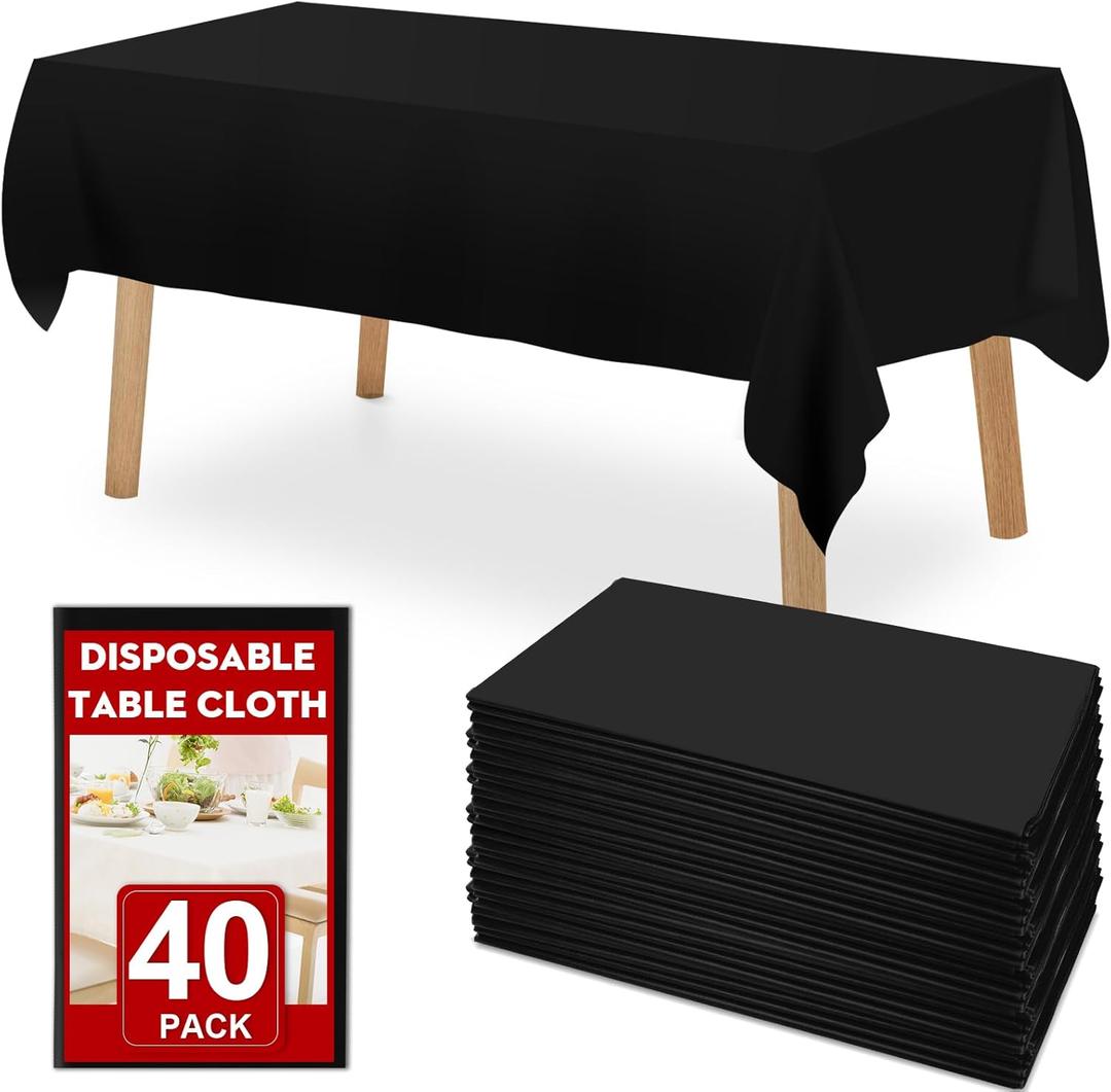 40 Pack Black Plastic Table Cloths Disposable, 54 x 108 Inches Plastic Table Cover for Rectangle Tables, Disposable Tablecloth for Dinning, Parties, BBQ, Wedding, Outdoor