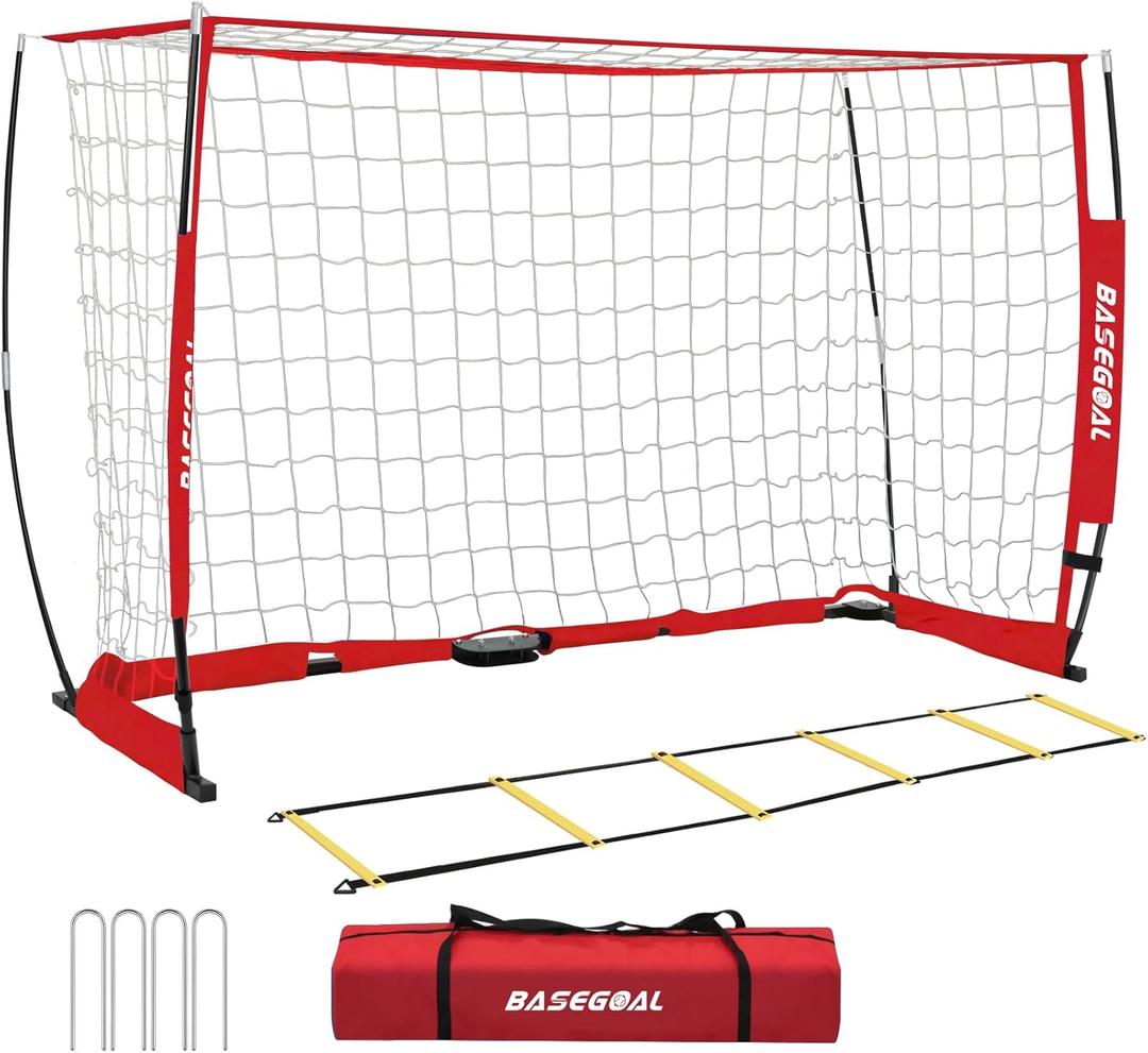 BaseGoal Soccer Goal,Soccer Net,Soccer Goals for Backyard,with Bow Frame,Collapsible Metal Base and Agility Ladder, 6x4ft