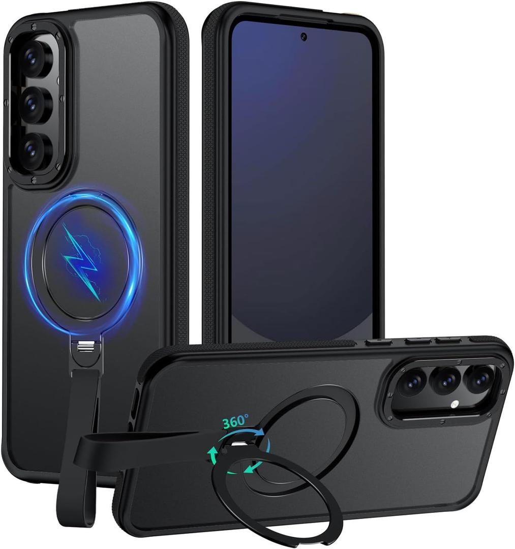 for Samsung Galaxy S24 FE Case with 360Spin Magnetic Stand-Finger Strap, [Fit for MagSafe][Mil-Grade Protection],Non-Slip Shockproof Rugged Ring Holder Matte S24 FE Phone Case (Black) 24