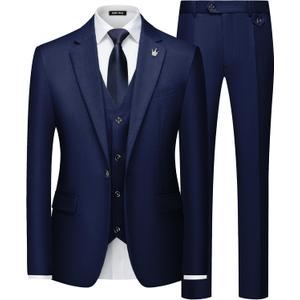 MAGE MALE Mens Suits Slim Fit 3 Piece Tuxedo Suit One Button Solid Prom Wedding Party Blazer Vest Pants Set with Tie (Navy Blue), XL