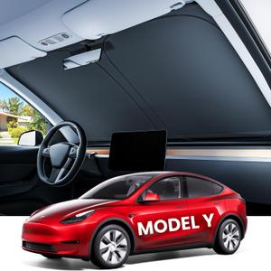 REEVAA 2025 Upgraded Tesla New Model Y (Juniper) Sunshade Windshield [Tailored Fit, 99% Sun Protection] Foldable Sun Shade Accessories with Storage Bag for Model Y 2016-2026, Silver Coating