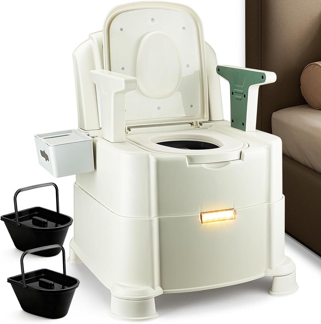 Bedside Commode, 880lbs Heavy Duty & Upgraded Commode Toilet Potty Chair, Portable Camping Toilet, Detachable Armrests, Automatic LED Light, 2-Level Height, 3 Rolls of Commode Liners Green