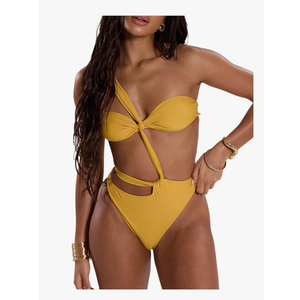 WDIRARA Women's One Piece Cheeky Cut Out Swimsuit Twist Front Asymmetrical Neck Swimwear Monokini L