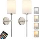 Battery Operated Wall Sconces Set of Two,Wireless Rechargeable Wall Light With Remote Control, Dimmable, Amber Light/Warm White/Natural White/Daylight/RGB,Timer,for Living Room,Bedroom,Entryway,Nickel
