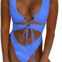 CHYRII Women's Sexy Cutout Lace Up Backless High Cut One Piece Swimsuit Monokini (Blue, L)