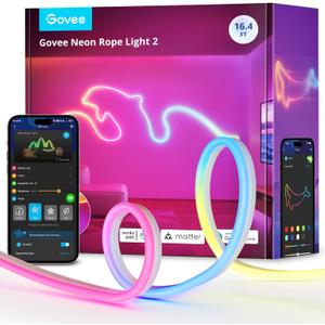 Govee RGBIC Neon Lights, LED Smart Neon Rope Light 2 Works with Matter, Alexa, Google Assistant, Custom DIY Neon Strip Lights for Bedroom and Wall Decor, Softer Material, 16.4ft, White (16.4ft, White)