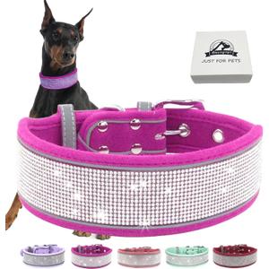 Bling Diamond Dog Collar for Females Girls,Soft Velvet Leather with Fancy Sparkly Crystal Rhinestones,Reflective Stripe,Suit Medium Large Dogs (Hot Pink,Adjust:12''-16'')