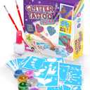 Original Stationery 33-Piece Glitter Tattoos for Kids, Face & Skin-Friendly with 24 Stencil Designs, 6 Colorful Cosmetic Glitters, 2 Brushes & Body Adhesive, Easter Sleepover Party Supplies for Girls