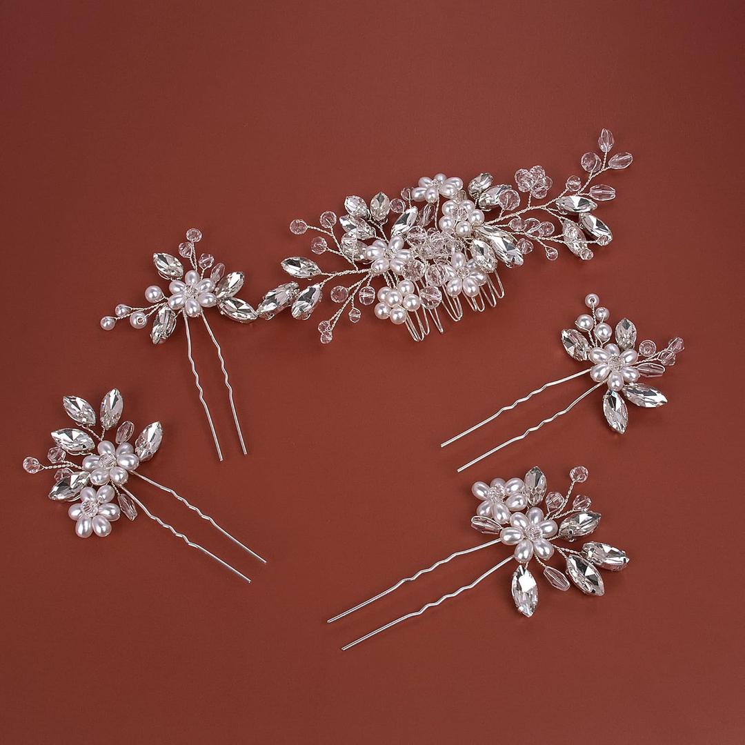 Wedding Hair Accessories Set for Women and Girls, Includes 1 Hair Comb and 4 Pearl Hair Pins for Brides and Bridesmaids, Silver
