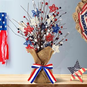 4th of July Artificial Tree Tabletop Decor Patriotic Tree Red Blue White Artificial Berry Stem Picks Star Shaped Rattan Balls Decor Burlap Base Farmhouse Tree for Independence Day Home Party Wedding