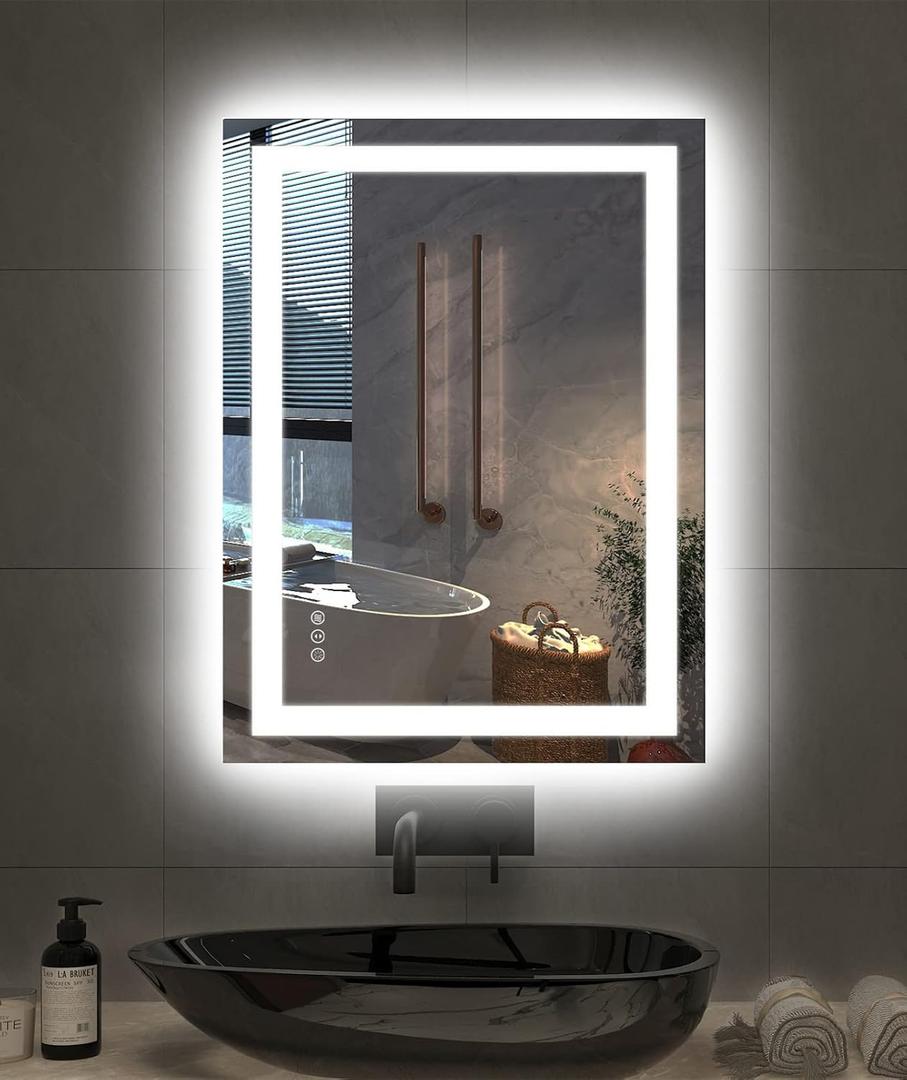 Amorho 24"X32" LED Bathroom Mirror with Lights, Front Lit and Backlight, Stepless Dimmable, Anti-Fog, Shatter-Proof Tempered Glass, Memory, 3 Colors Lighting Bathroom Mirrors for Vanity