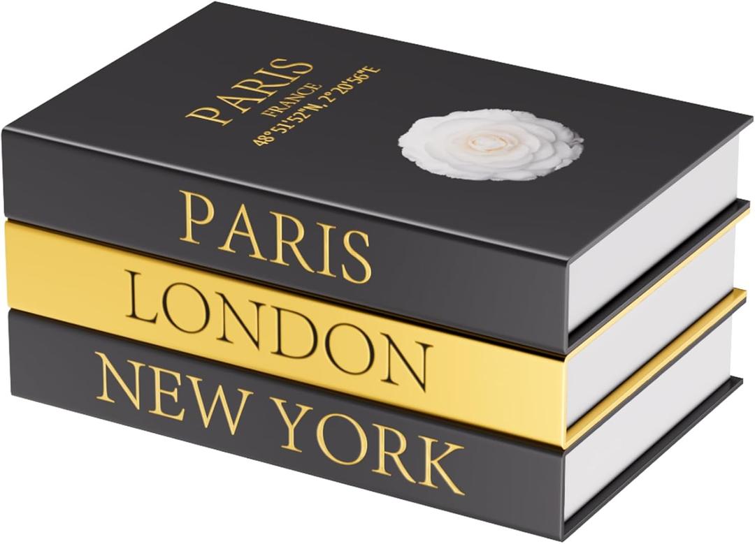 Decorative Books for Coffee Table Decor,3 PCS Stylish Fake Books of Room Decor Aesthetic,for Home Decor,Shelf,Entryway,Console Table,Fireplace Mantel Decor(Black and Gold Foil Stamping)
